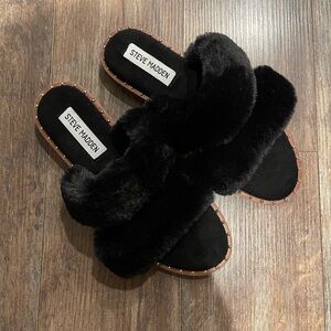 Steve Madden Black Furry Women's Slides